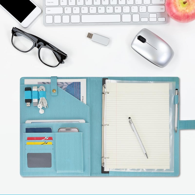 WONDERPOOL A4 PU Leather Portfolio Holder Ring File Document Case with Removable Binder Clipboard, Multi Pocket and Legal Pad for Business Organizer Interview and Meeting (Light Blue) - Image 4